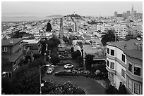 Aerial view of Lombard Street, Coit Tower, and Transamerica Pyramid. San Francisco, California, USA ( black and white)
