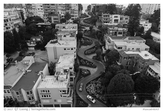 Aerial view of Lombard Street. San Francisco, California, USA (black and white)