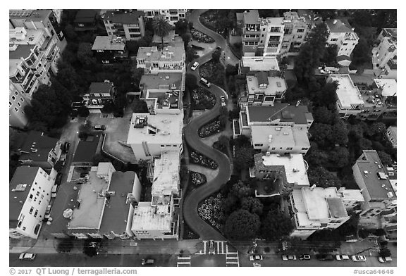 Aerial view of Lombard Street looking down. San Francisco, California, USA (black and white)