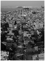Aerial view of Lombard Street, Coit Tower, and Bay at night. San Francisco, California, USA ( black and white)