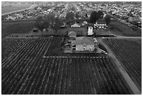 Aerial view of winery at the edge of suburban housing. Livermore, California, USA ( black and white)