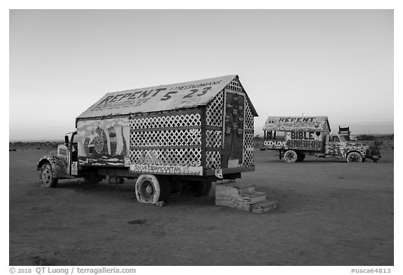 Painted trucks, Salvation Mountain. Nyland, California, USA (black and white)