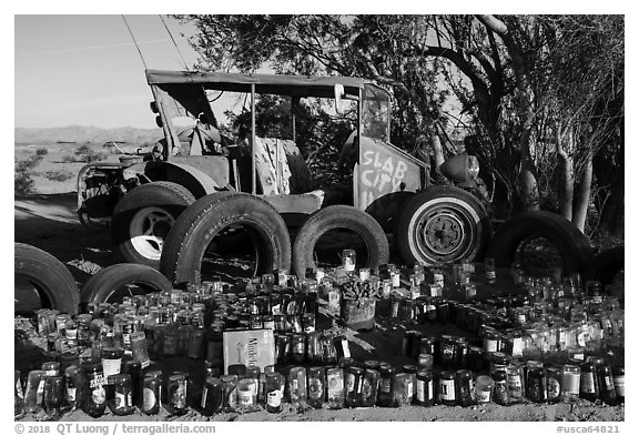 Exhibit made of recycled materials, Slab City. Nyland, California, USA (black and white)