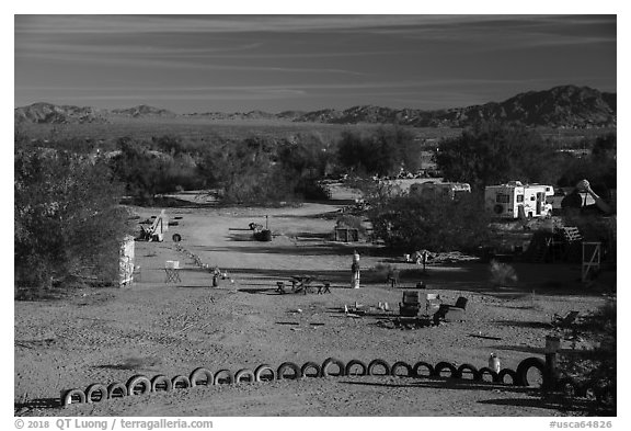 Art installations and dwellings, Slab City. Nyland, California, USA (black and white)