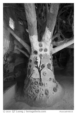 Artificial tree inside Salvation Mountain. Nyland, California, USA (black and white)