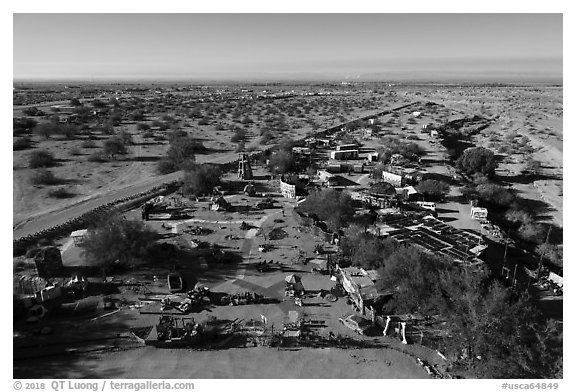 Aerial view of East Jesus sculpture garden. Nyland, California, USA (black and white)