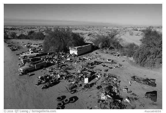 Aerial view of Slab City dwelling. Nyland, California, USA (black and white)