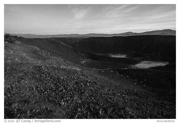 Inside Amboy Crater at sunset. Mojave Trails National Monument, California, USA (black and white)