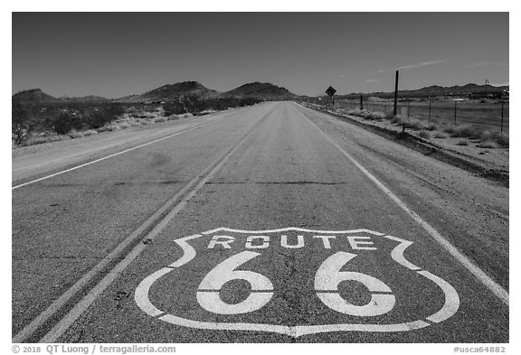 National Trails Highway route 66 marker. California, USA (black and white)