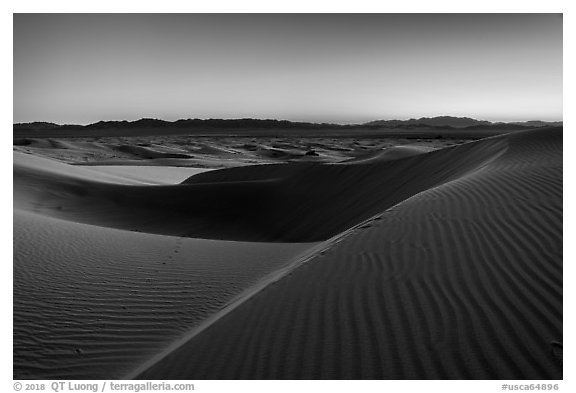 Rippled sand and ridges at dusk, Cadiz Dunes. Mojave Trails National Monument, California, USA (black and white)