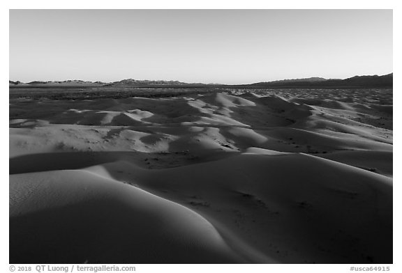 Aerial view of Cadiz dunes and mountains at sunset. Mojave Trails National Monument, California, USA (black and white)