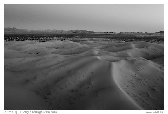 Aerial view of sand dunes and mountains at dusk, Cadiz Dunes. Mojave Trails National Monument, California, USA (black and white)