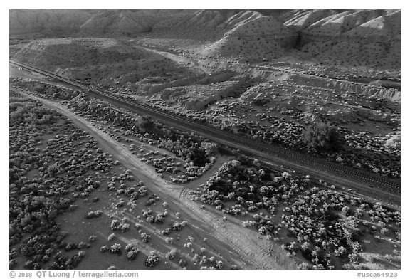 Aerial view of road and railroad tracks, Afton Canyon. Mojave Trails National Monument, California, USA (black and white)