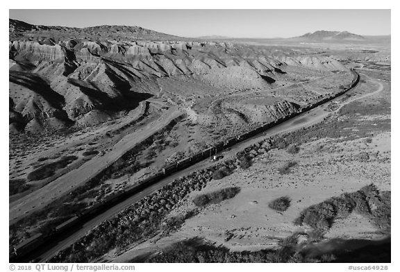 Aerial view of train in Afton Canyon. Mojave Trails National Monument, California, USA (black and white)