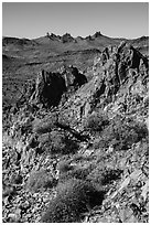 Looking at Castle Peaks from Castle Mountains. Castle Mountains National Monument, California, USA ( black and white)