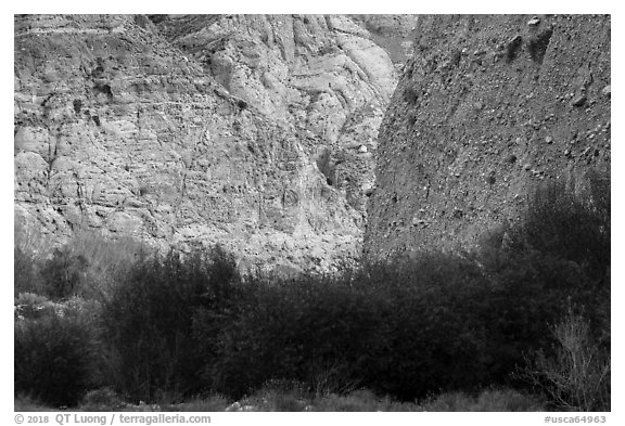 Steep fanglomerate cliffs, Whitewater Preserve. Sand to Snow National Monument, California, USA (black and white)