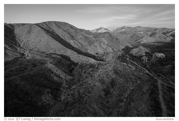 Aerial view of valley, Mission Creek Preserve. Sand to Snow National Monument, California, USA (black and white)