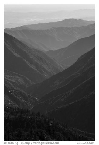 Valley ridges, looking west from crest. San Gabriel Mountains National Monument, California, USA (black and white)