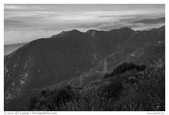Mountains above low clouds from Mount Wilson. San Gabriel Mountains National Monument, California, USA (black and white)