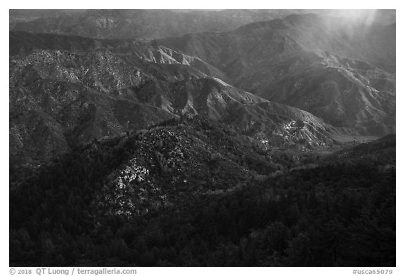 Rolling peaks with spot of light. San Gabriel Mountains National Monument, California, USA (black and white)