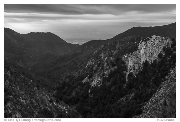 Forested mountains with Los Angeles Basin in the distance. San Gabriel Mountains National Monument, California, USA (black and white)