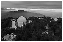 Aerial view of Mount Wilson observatory, mountains, and Los Angeles Basin. San Gabriel Mountains National Monument, California, USA ( black and white)