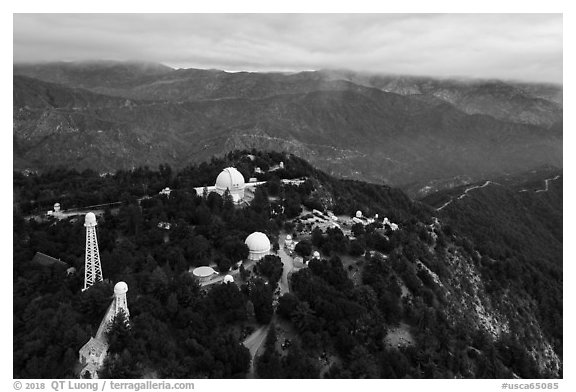 Aerial view of Mount Wilson observatory. San Gabriel Mountains National Monument, California, USA (black and white)