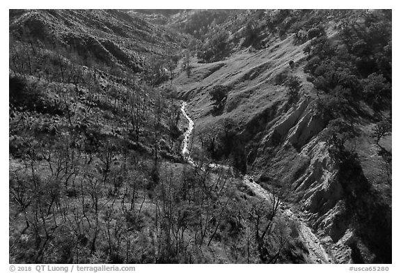 Aerial view of bluff and creek, Cache Creek Wilderness. Berryessa Snow Mountain National Monument, California, USA (black and white)