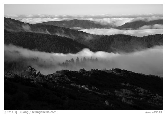 Ridges and low clouds, Snow Mountain Wilderness. Berryessa Snow Mountain National Monument, California, USA (black and white)
