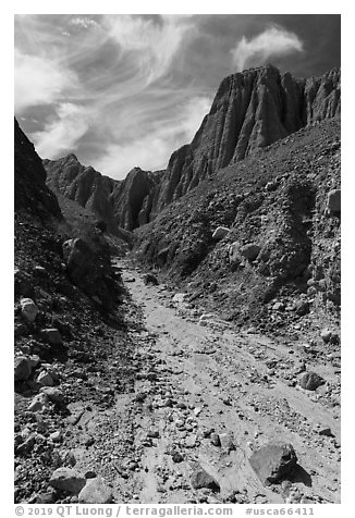 Wash in narrow side canyon, Afton Canyon. Mojave Trails National Monument, California, USA (black and white)