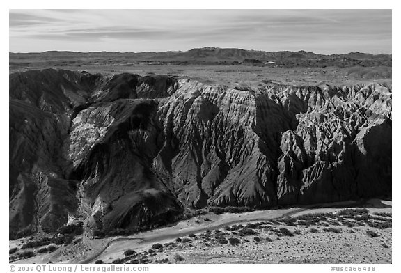Aerial view of Afton Canyon walls. Mojave Trails National Monument, California, USA (black and white)