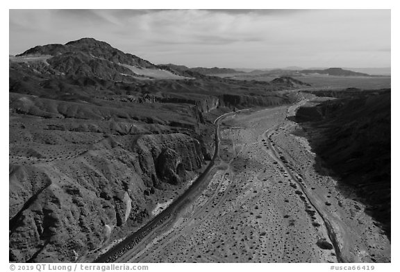 Aerial view of Afton Canyon, railroad, and Mojave River. Mojave Trails National Monument, California, USA (black and white)