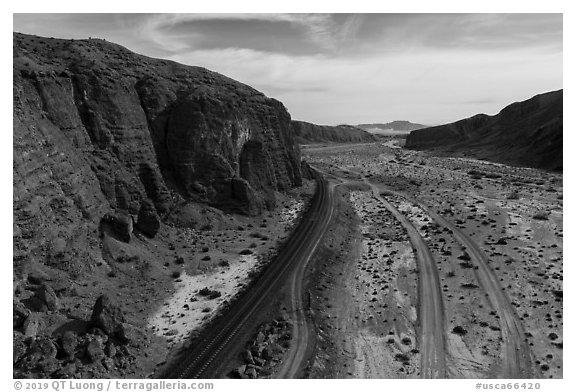 Aerial view of Afton Canyon, rail tracks and roads. Mojave Trails National Monument, California, USA (black and white)