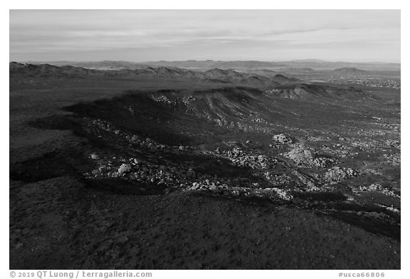 Aerial view of Black Lava Butte and boulders. Sand to Snow National Monument, California, USA (black and white)