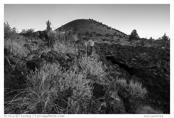 Wildflowers, Big Painted Cave entrance and Schonchin Butte at sunrise. Lava Beds National Monument, California, USA (black and white)