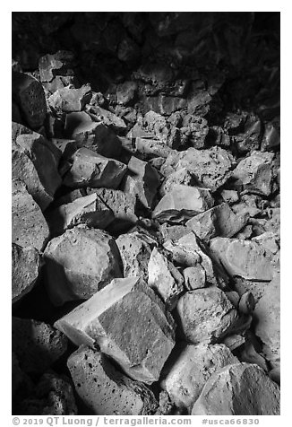 Colored rocks from collapsed ceilling, Big Painted Cave. Lava Beds National Monument, California, USA (black and white)