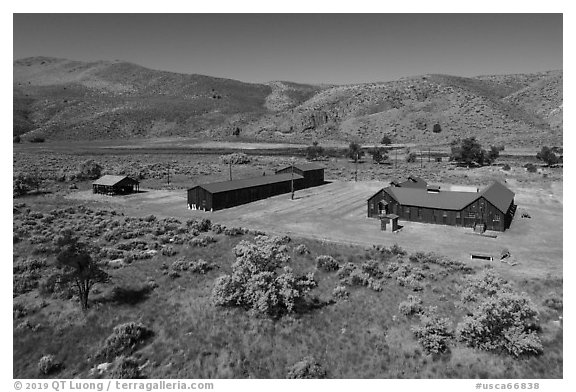 Aerial view of Camp Tulelake former CCC camp which housed Japanese Americans, Tule Lake National Monument. California, USA (black and white)