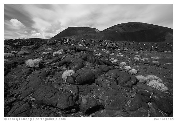 Hardened lava flow and Pisgah Crater. Mojave Trails National Monument, California, USA (black and white)