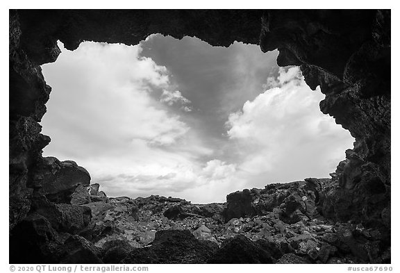 Sky from opening of lava tube cave, Pisgah lava field. Mojave Trails National Monument, California, USA (black and white)