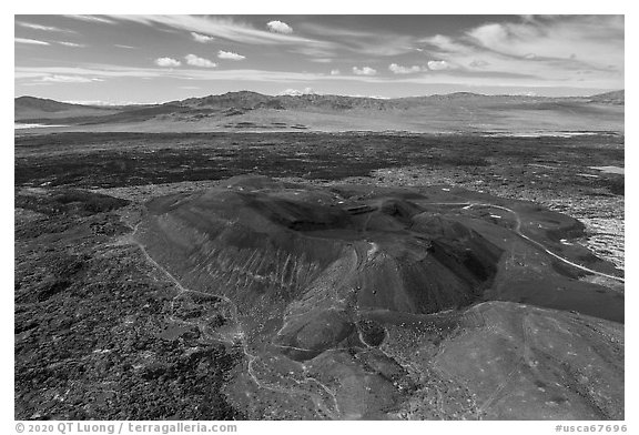 Aerial view of Pisgah Crater and lava flow. Mojave Trails National Monument, California, USA (black and white)
