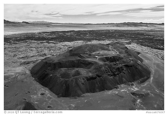Aerial view of Pisgah cinder cone and Lavic Lake volcanic field. Mojave Trails National Monument, California, USA (black and white)