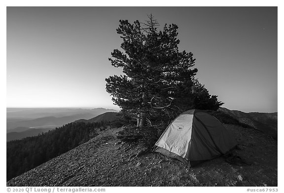 Tent on Mount Baldy Devils Backbone at dawn. San Gabriel Mountains National Monument, California, USA (black and white)