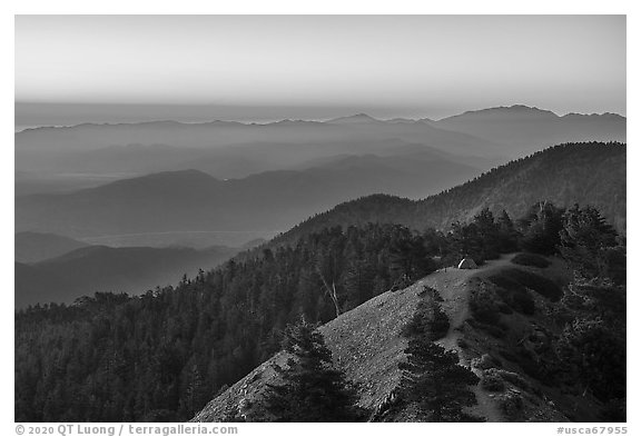 Tent on Devils Backbone with ridges at sunrise. San Gabriel Mountains National Monument, California, USA (black and white)