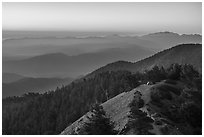 Tent on Devils Backbone with ridges at sunrise. San Gabriel Mountains National Monument, California, USA ( black and white)