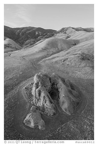 Aerial view of Painted Rock sandstone formation. Carrizo Plain National Monument, California, USA (black and white)
