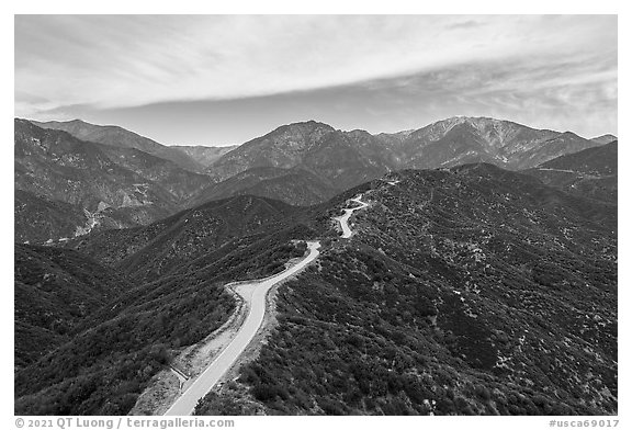 Aerial view of Glendora Ridge Road. San Gabriel Mountains National Monument, California, USA (black and white)