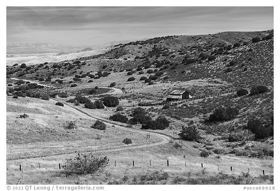 Road and Selby Ranch. Carrizo Plain National Monument, California, USA (black and white)