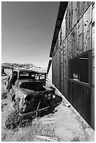 Rusted truck and barn, Selby Ranch. Carrizo Plain National Monument, California, USA ( black and white)