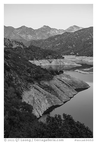 San Gabriel Reservoir, Cucamonga Peak, Etiwanda Peak. San Gabriel Mountains National Monument, California, USA (black and white)