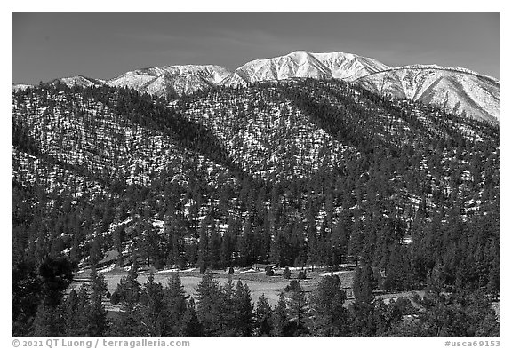 San Gorgonio Mountain rising above meadow and foothills in winter. Sand to Snow National Monument, California, USA (black and white)
